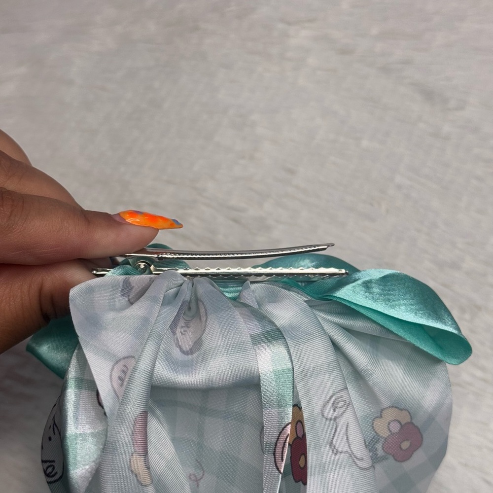 Cute Snoopy satin Bow Scarf in Teal and Mint coquette plaid - Picture 3 of 4